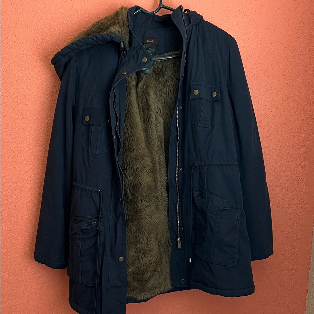 Avon mark-Dark Blue Military Parka with Faux Fur